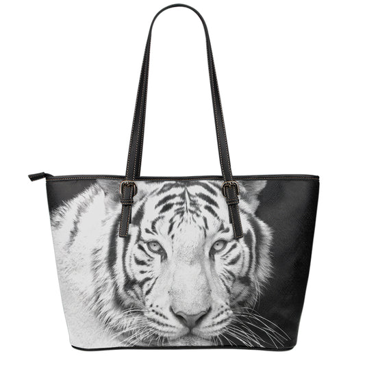 Monochrome White Bengal Tiger Print Leather Tote Bag