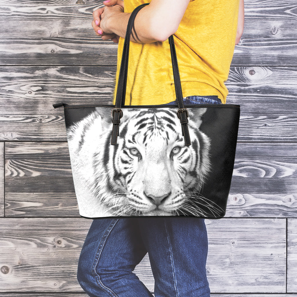 Monochrome White Bengal Tiger Print Leather Tote Bag
