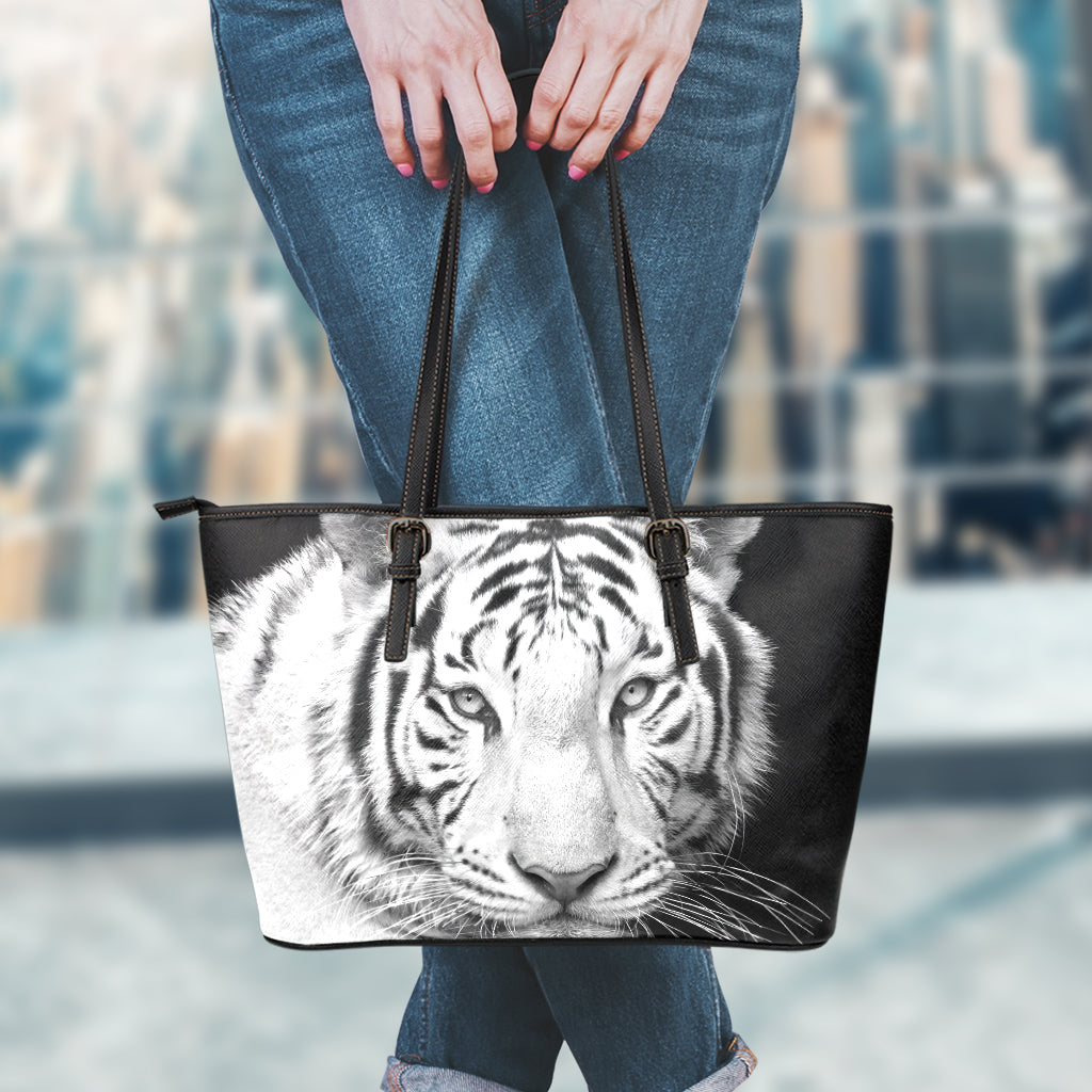Monochrome White Bengal Tiger Print Leather Tote Bag