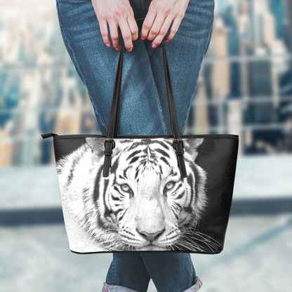 Monochrome White Bengal Tiger Print Leather Tote Bag
