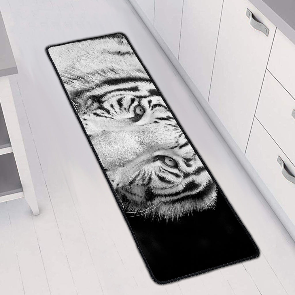 Monochrome White Bengal Tiger Print Long Kitchen Mat