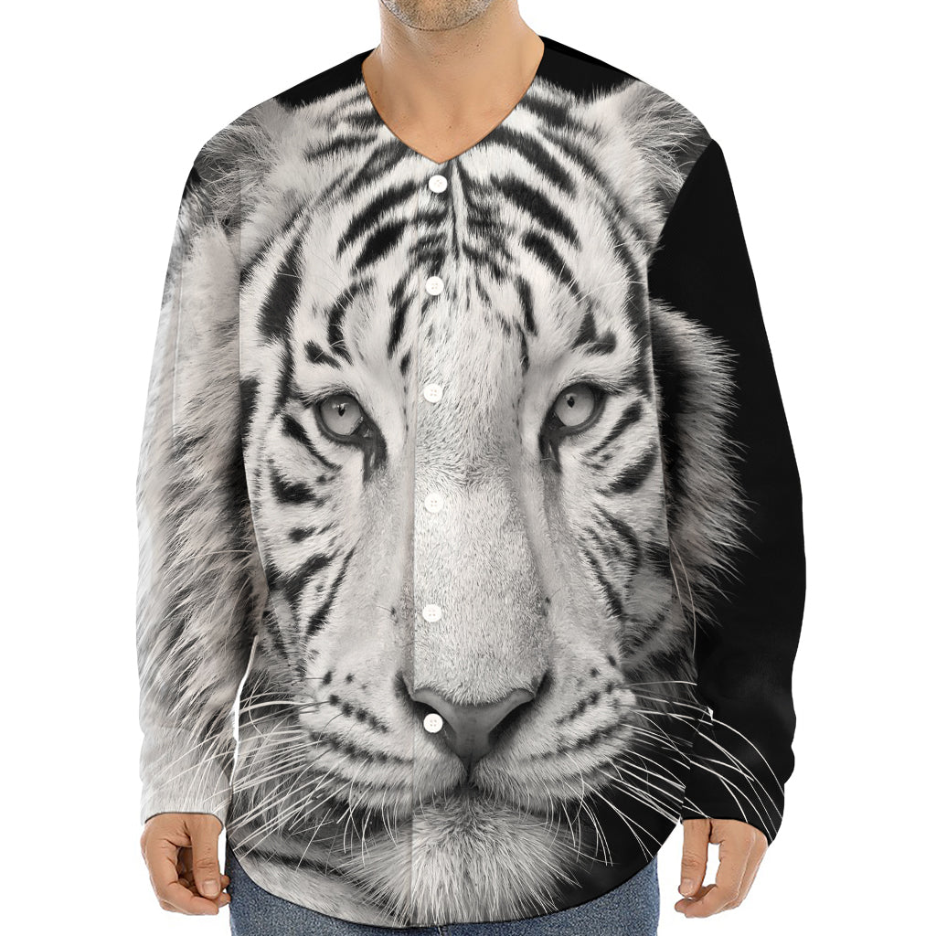 Monochrome White Bengal Tiger Print Long Sleeve Baseball Jersey
