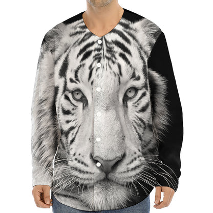Monochrome White Bengal Tiger Print Long Sleeve Baseball Jersey