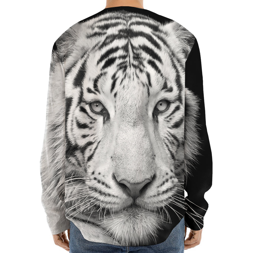 Monochrome White Bengal Tiger Print Long Sleeve Baseball Jersey