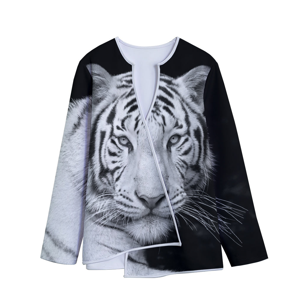 Monochrome White Bengal Tiger Print Long Sleeve Short Coat