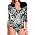 Monochrome White Bengal Tiger Print Long Sleeve Swimsuit