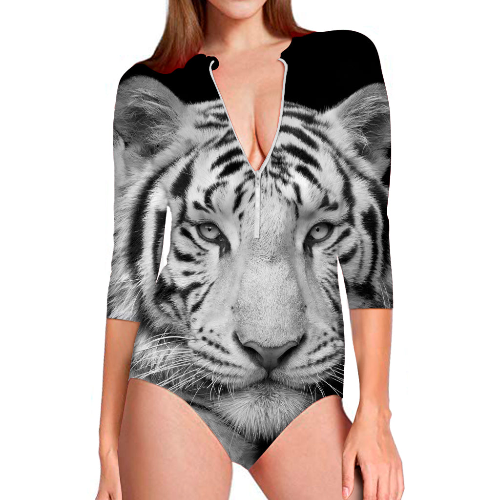 Monochrome White Bengal Tiger Print Long Sleeve Swimsuit