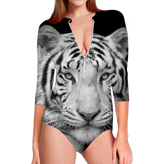 Monochrome White Bengal Tiger Print Long Sleeve Swimsuit