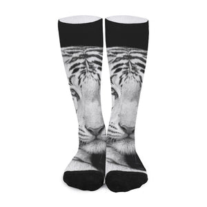 Monochrome White Bengal Tiger Print Long Socks