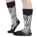 Monochrome White Bengal Tiger Print Long Socks