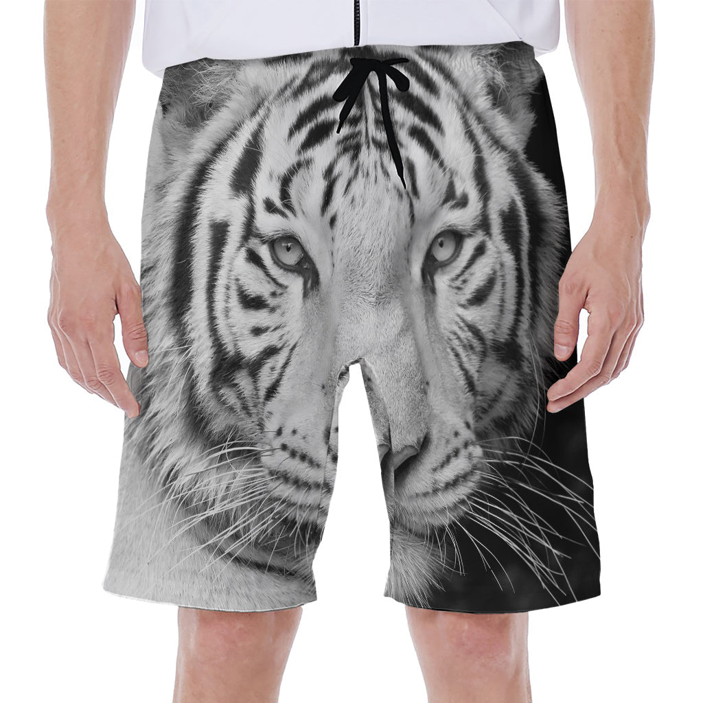 Monochrome White Bengal Tiger Print Men's Beach Shorts