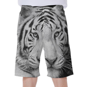 Monochrome White Bengal Tiger Print Men's Beach Shorts