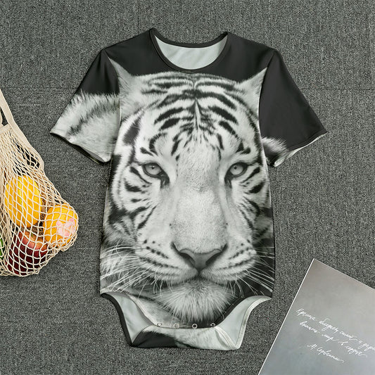 Monochrome White Bengal Tiger Print Men's Bodysuit