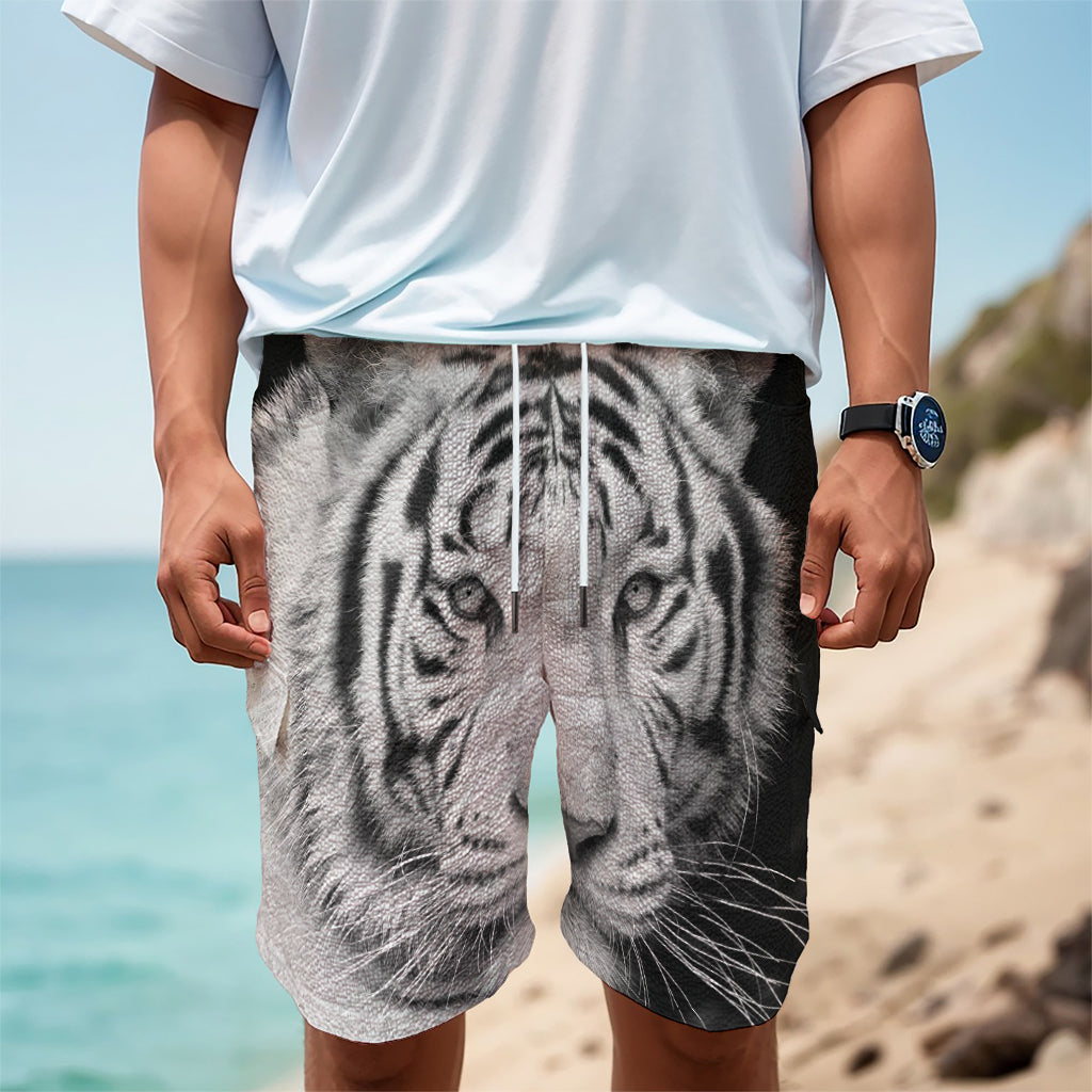 Monochrome White Bengal Tiger Print Men's Cargo Shorts