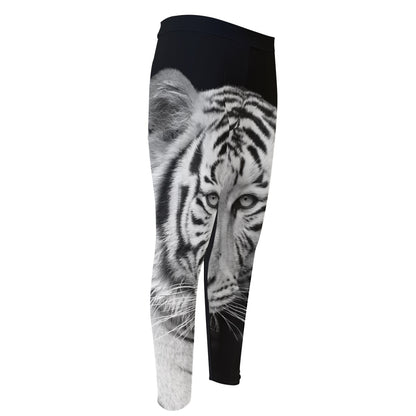 Monochrome White Bengal Tiger Print Men's Compression Pants