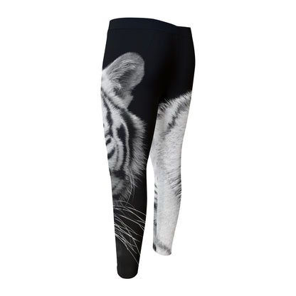 Monochrome White Bengal Tiger Print Men's Compression Pants