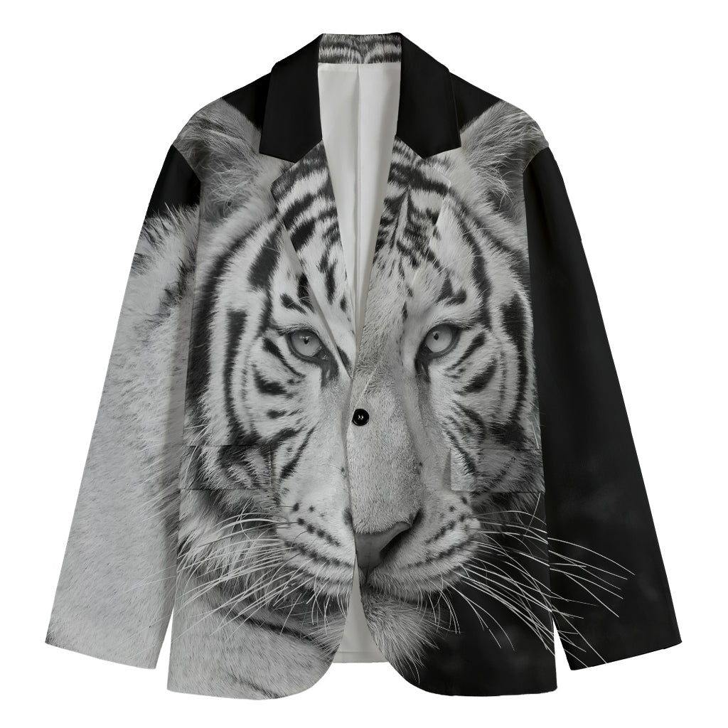 Monochrome White Bengal Tiger Print Men's Cotton Blazer