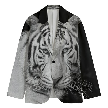 Monochrome White Bengal Tiger Print Men's Cotton Blazer
