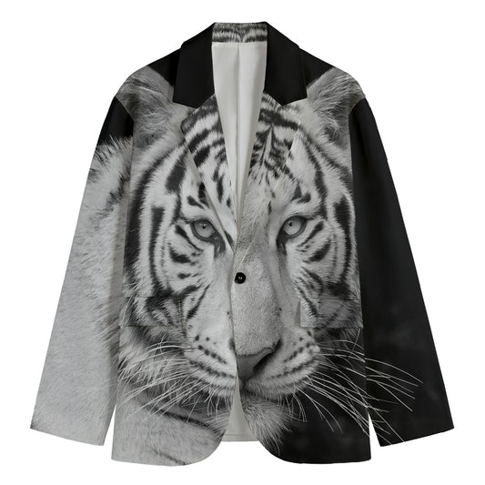 Monochrome White Bengal Tiger Print Men's Cotton Blazer