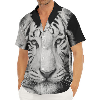 Monochrome White Bengal Tiger Print Men's Deep V-Neck Shirt