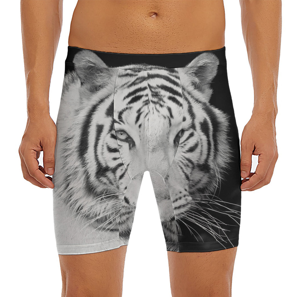 Monochrome White Bengal Tiger Print Men's Long Boxer Briefs