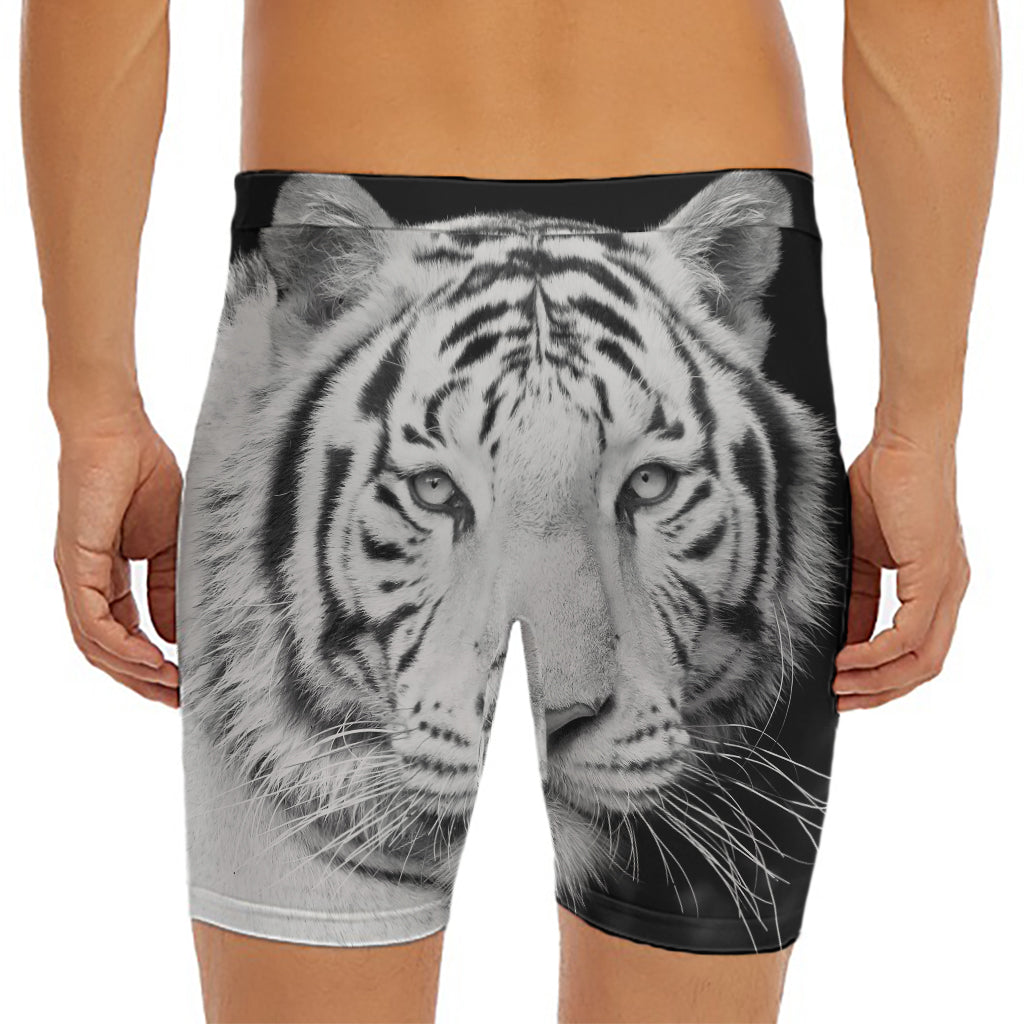 Monochrome White Bengal Tiger Print Men's Long Boxer Briefs