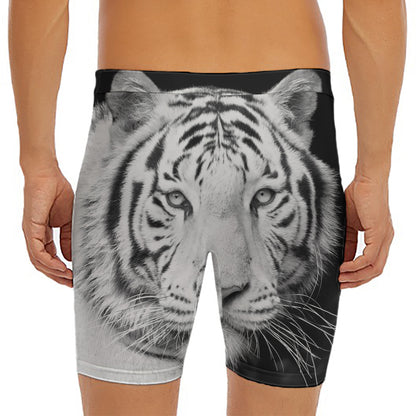 Monochrome White Bengal Tiger Print Men's Long Boxer Briefs