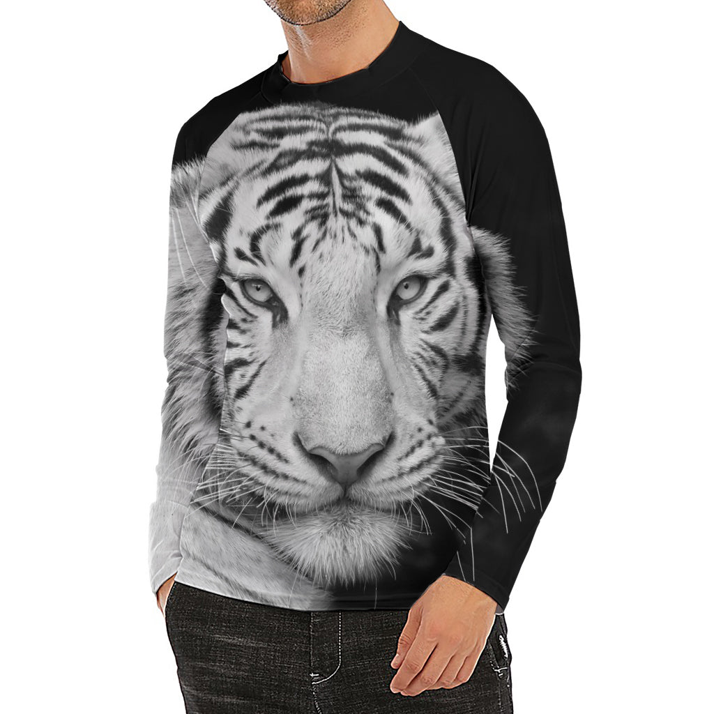 Monochrome White Bengal Tiger Print Men's Long Sleeve Rash Guard