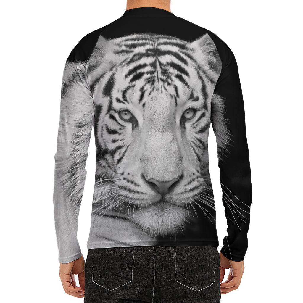 Monochrome White Bengal Tiger Print Men's Long Sleeve Rash Guard