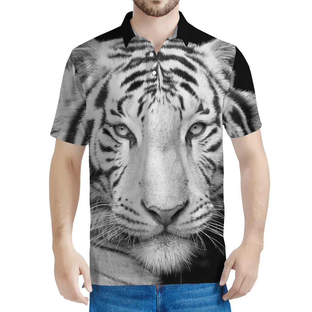 Monochrome White Bengal Tiger Print Men's Polo Shirt