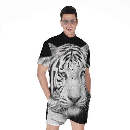 Monochrome White Bengal Tiger Print Men's Rompers