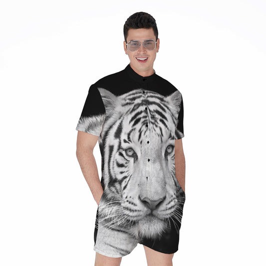 Monochrome White Bengal Tiger Print Men's Rompers
