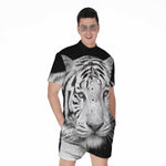 Monochrome White Bengal Tiger Print Men's Rompers