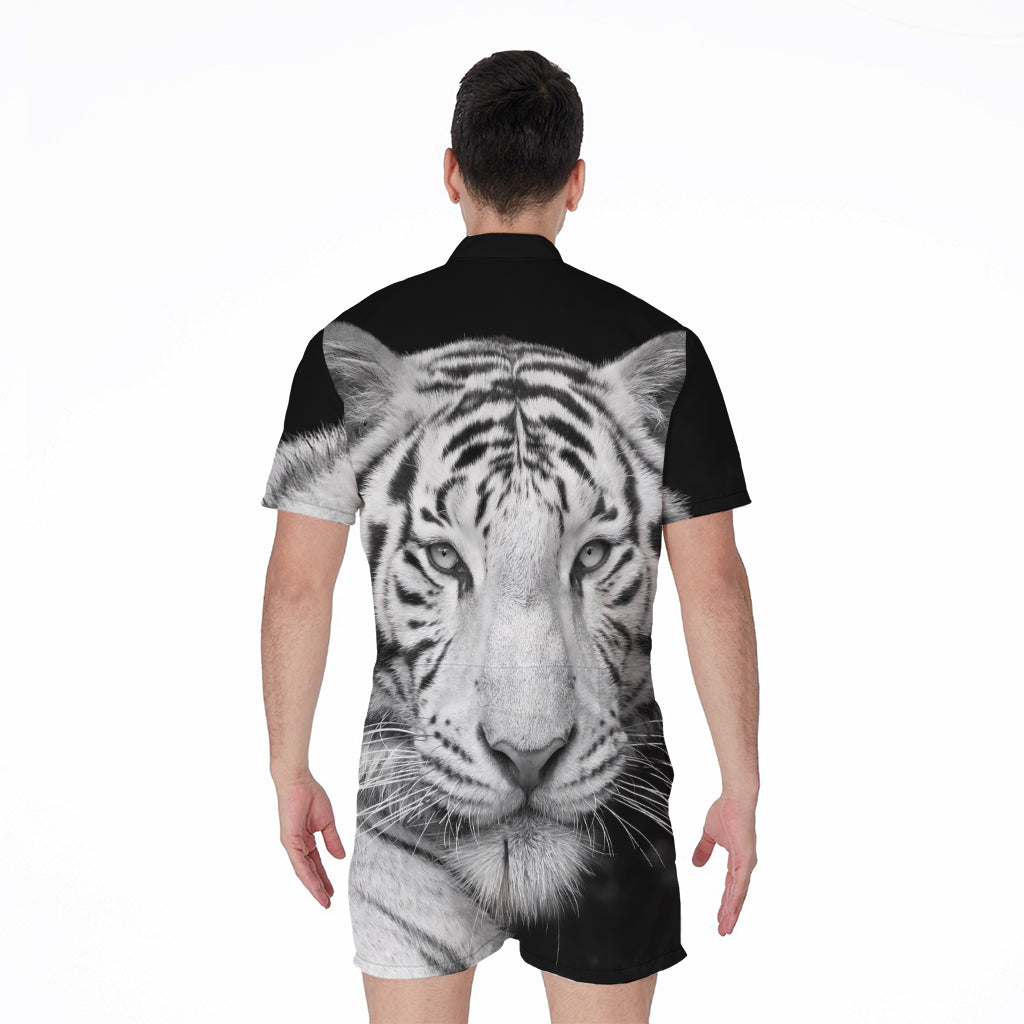 Monochrome White Bengal Tiger Print Men's Rompers