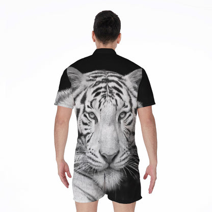 Monochrome White Bengal Tiger Print Men's Rompers