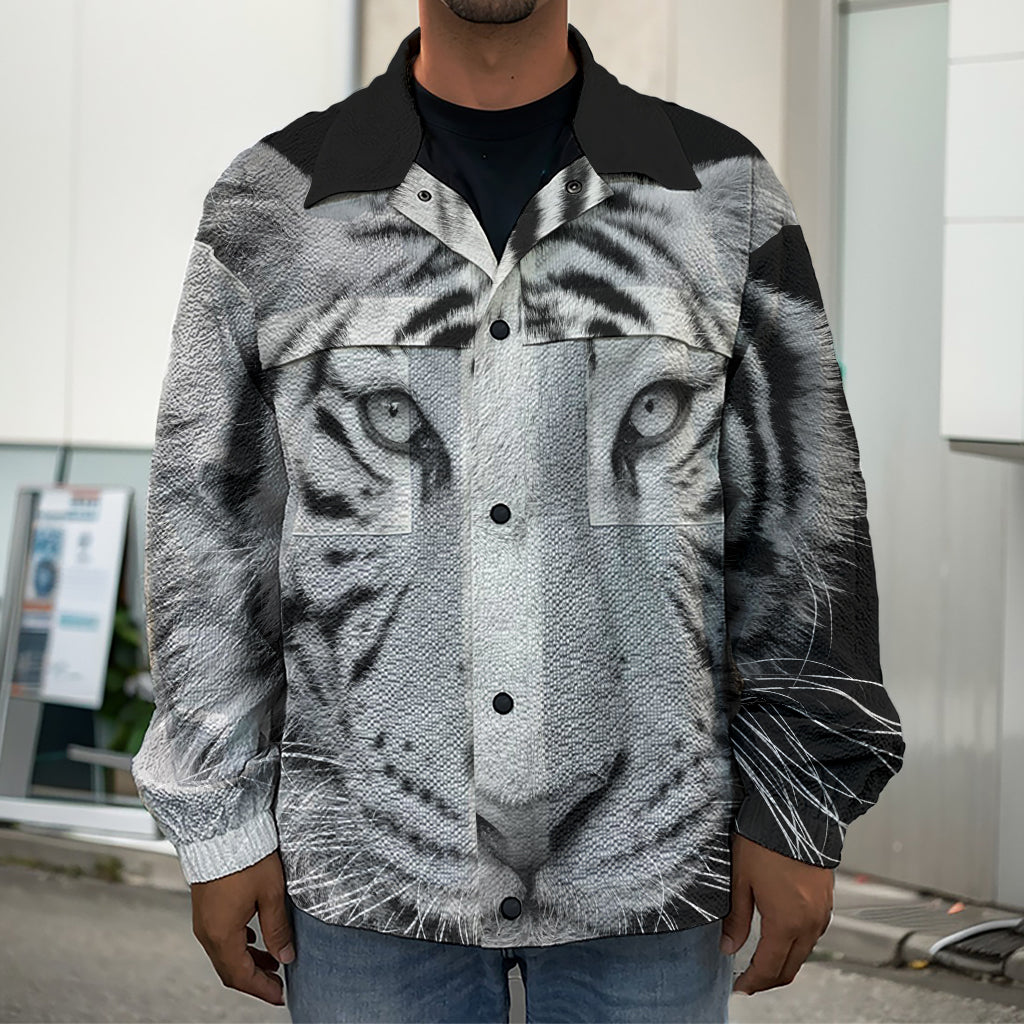 Monochrome White Bengal Tiger Print Men's Shirt Jacket