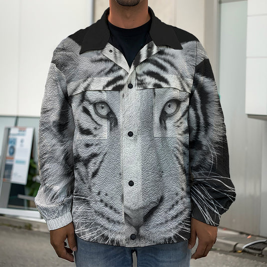 Monochrome White Bengal Tiger Print Men's Shirt Jacket