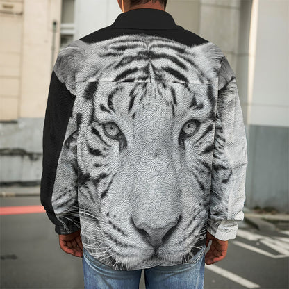 Monochrome White Bengal Tiger Print Men's Shirt Jacket