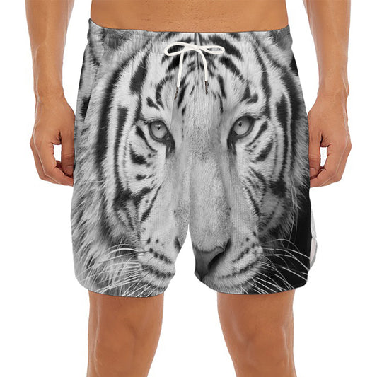 Monochrome White Bengal Tiger Print Men's Split Running Shorts