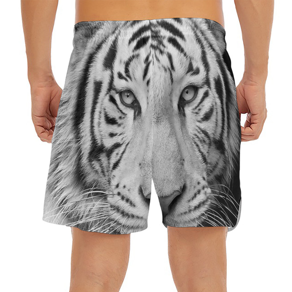 Monochrome White Bengal Tiger Print Men's Split Running Shorts