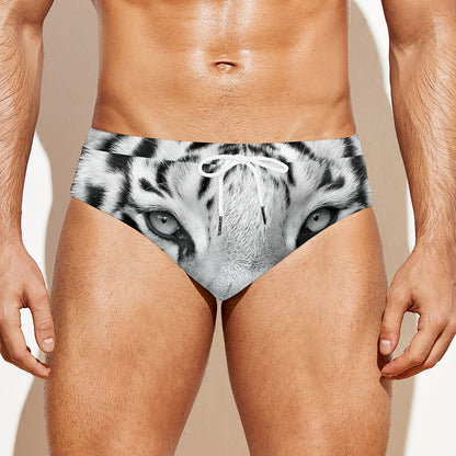 Monochrome White Bengal Tiger Print Men's Swim Briefs