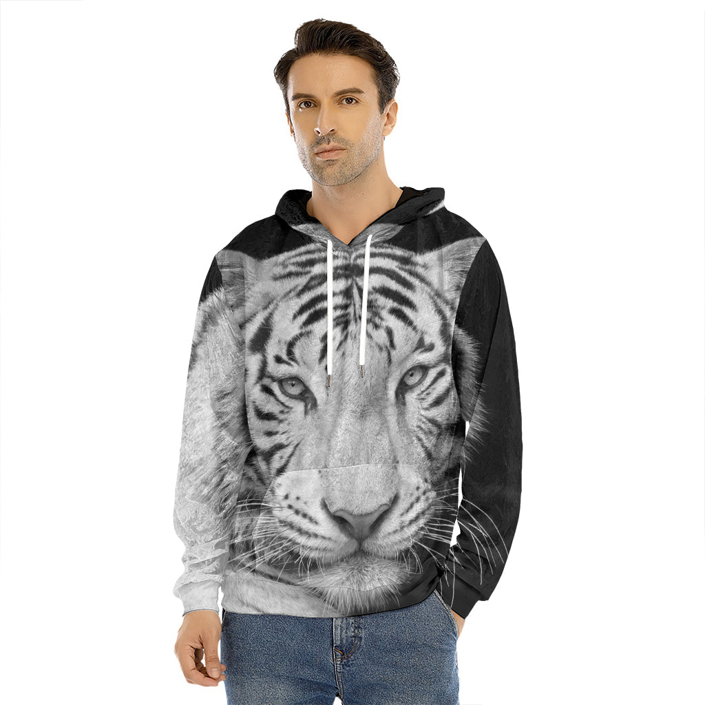 Monochrome White Bengal Tiger Print Men's Velvet Pullover Hoodie