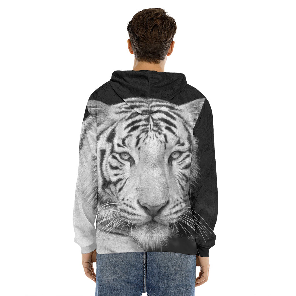 Monochrome White Bengal Tiger Print Men's Velvet Pullover Hoodie