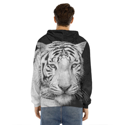 Monochrome White Bengal Tiger Print Men's Velvet Pullover Hoodie