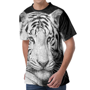 Monochrome White Bengal Tiger Print Men's Velvet T-Shirt