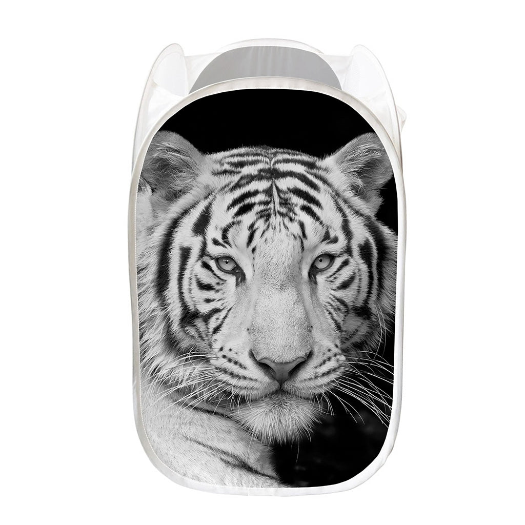 Monochrome White Bengal Tiger Print Mesh Laundry Hamper
