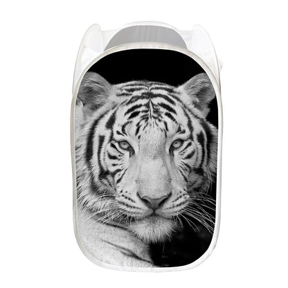 Monochrome White Bengal Tiger Print Mesh Laundry Hamper