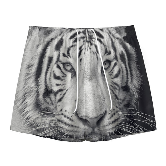 Monochrome White Bengal Tiger Print Mesh Shorts