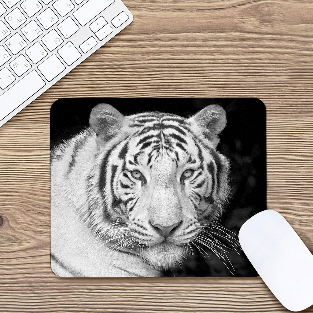 Monochrome White Bengal Tiger Print Mouse Pad