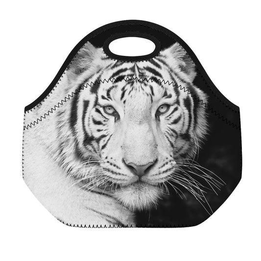 Monochrome White Bengal Tiger Print Neoprene Lunch Bag